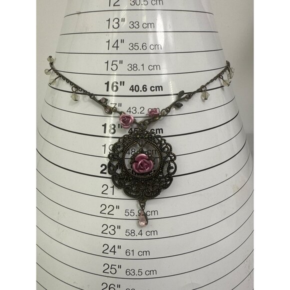 Vintage Rose Choker Necklace With Pink Flower Accents & Adjustable Chain - Picture 5 of 5